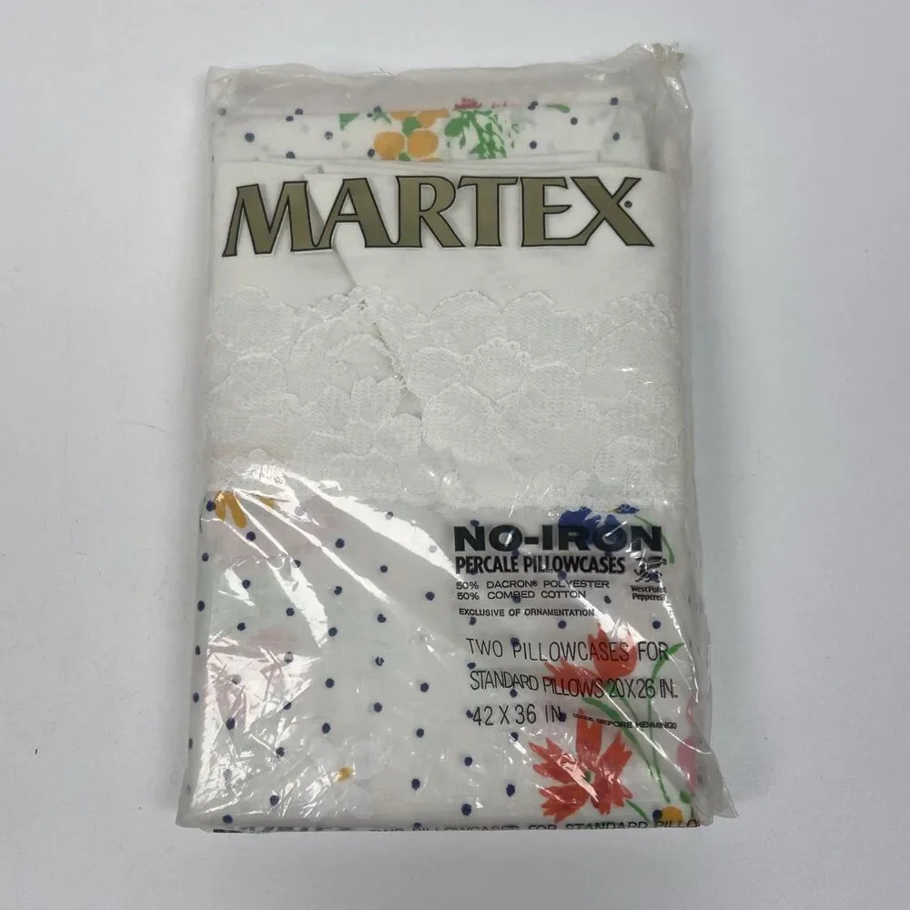 Martex No-Iron Percale Pillowcases Standard 20”x26” Floral/Dot Qty 2 Vintage NOS